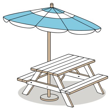 Ahşap piknik masası, şeffaf arka planda güneş gölgesi şemsiyesi ve banklar. Yapay zeka üretildi. Vektör simgesi