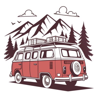 Macera Kampı 'ndaki Kırmızı Vintage Minibüs beyaz arka planda Tshirt baskısı için tasarlandı. Vektör simgesi