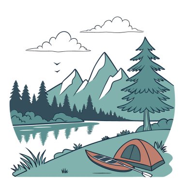 Çadır ve Kano ile Dağ Gölü 'nün Manzarası. Serene Kamp ve Kayak Macerası. Yapay zeka üretildi. Vektör simgesi