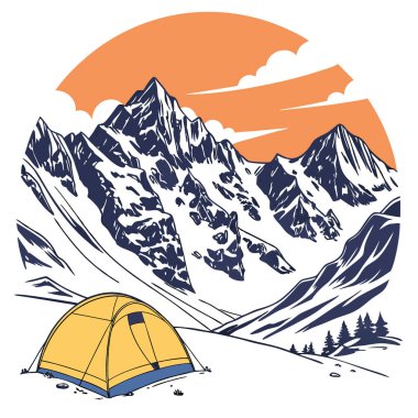 Alacakaranlık vakti, karlı ve sarı çadırlı dik tepeli dağların panoraması yapay zeka üretildi. Vektör simgesi