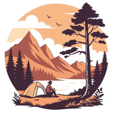 Yalnızlık Serenadı. Bir Dağ Günbatımı Kampı 'nın Büyüleyici Romantizmini Deneyin! Yapay zeka üretildi. Vektör simgesi