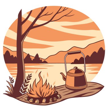 Nehirde yanan bir ateşin üzerinde su ısıtıcısı ve kamp ateşinde pişen günbatımını seyret. Yapay zeka üretildi. Vektör simgesi