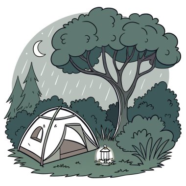 Barışçıl kamp ve tropiklerde rahatlatıcı meditasyon için ormanın sakin gecesinde çadıra yağmur yağar. Yapay zeka üretildi. Vektör simgesi