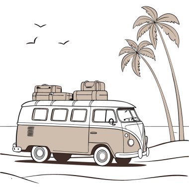 Terkedilmiş bir sahilde antika bir minibüs. Bir karavanın çatısında yapay zekanın ürettiği bavul yığını. Vektör simgesi