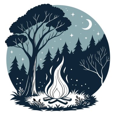 Ormanlık alanın ve gece gökyüzünün önünde kıvılcımlar ve parçacıklar olan büyük bir şenlik ateşi hayal edin. Yapay zeka üretildi. Vektör simgesi