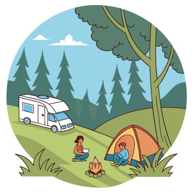 Ormanda kamyonetle kamp yapan gençlerin geniş açılı manzarası. kopyalama alanı. Yapay zeka üretildi. Vektör simgesi