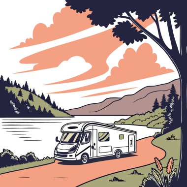 Gün batımında sakin bir gölün yanına park edilmiş lüks bir karavan. Canlı gökyüzü ve gür yeşillikle yapay zeka üretildi. Vektör simgesi