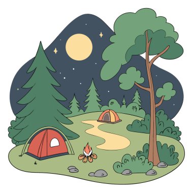 Doğal Kaçış. Açık Kamp Alanında Serene Ormanı 'nın ortasında açık havayı kucaklamak. Yapay zeka üretildi. Vektör simgesi