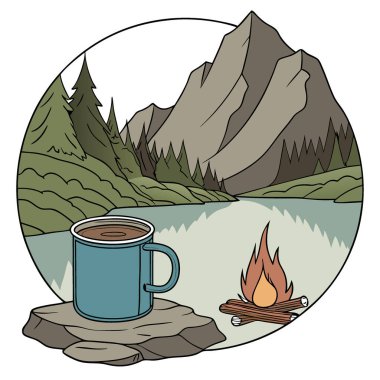 Bir taşın üzerinde duran mavi metal diş minesi bardağı. Arkasında kamp ateşi ve dağ gölü var. Yapay zeka üretildi. Vektör simgesi