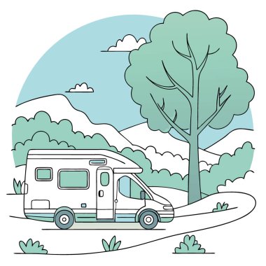 Minimalist bir minibüs karavana dönüştü. Doğanın ortasına park etmiş, yollarda bir hayat sergiliyor. Yapay zeka üretildi. Vektör simgesi