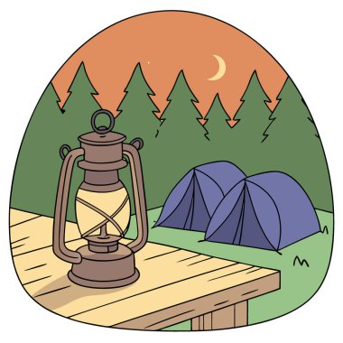 Ahşap masada gazyağı feneri. Yeşil orman arka planı ve mavi kamp çadırları. Akşam gökyüzü yapay zeka üretildi. Vektör simgesi