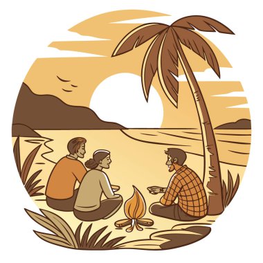 Gün batımında kumsalda şenlik ateşi yakmak arkadaşlarla birlikte kumlu sahilde parlayan kamp ateşinin yanında toplanmak. Yapay zeka üretildi. Vektör simgesi