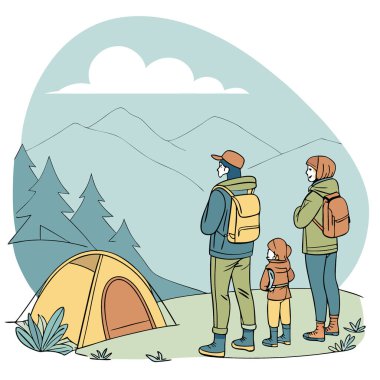 Aile bir arada durur ve dağ manzarasına bakar. Kamp yapmak. Seyahat. Tatil ve aile gezisi. Yapay zeka üretildi. Vektör simgesi