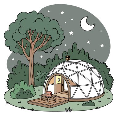 Büyüleyici Açık Kabarcık Kubbe Gece Konforu ve Huzurlu Ağaç Tepesi Manzaraları sunuyor. Yapay zeka üretildi. Vektör simgesi