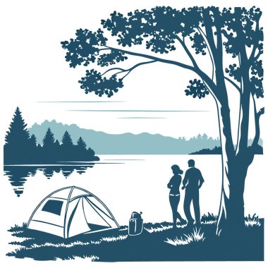 Basit bir çadırı ve birkaç eşyası olan minimalist kamp çifti. Huzurlu göl manzarasının tadını çıkarıyor. Yapay zeka üretildi. Vektör simgesi