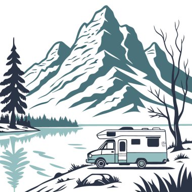 Kayalık karlı dağ zeminli serin bir göl kenarındaki karavan eğlence aracı yapay zeka üretiyor. Vektör simgesi