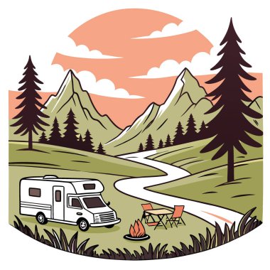 Gün doğumunda karavanı olan manzaralı dağ kamp alanı. Açık hava maceraları ve seyahat inzivaları için ideal. Yapay zeka üretildi. Vektör simgesi