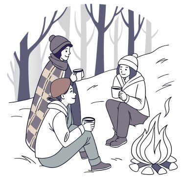 Üç kişi battaniyeye sarılı bir kamp ateşinin etrafında oturuyor. Karlı bir ormanda sıcak içecekler bulundurmak. Yapay zeka üretildi. Vektör simgesi
