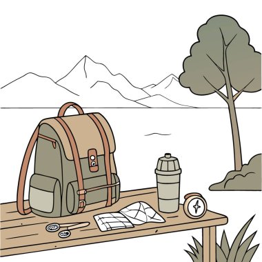 Sırt çantasında termo bardak ve seyahat aksesuarları dağ gölünün önündeki ahşap masada. Yapay zeka üretildi. Vektör simgesi