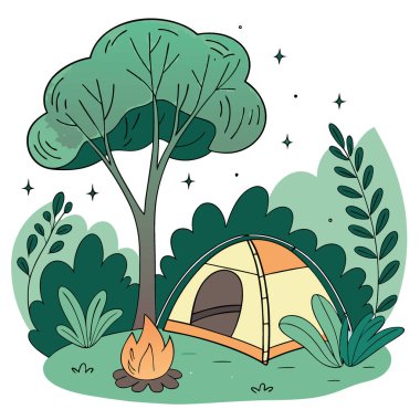 Yeşil ormandaki yanan ateşin yanına kurulmuş bereketli ağaçlar ve bitkilerle dolu bir kamp çadırı. Yapay zeka üretildi. Vektör simgesi