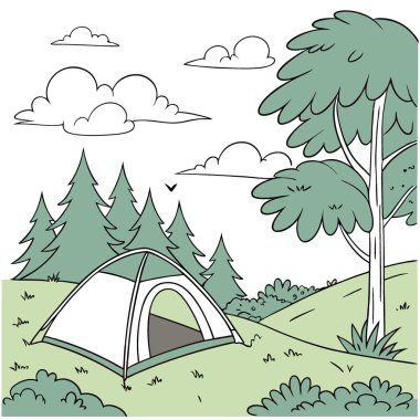 Güneşli vahşi doğa kamp sahnesi. Çadır. Çoğunlukla gökyüzü. Temiz doğal ortam. Metin için kopyalama alanı... yapay zeka oluşturuldu. Vektör simgesi