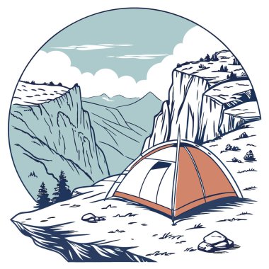 Çadır kayalık bir çıkıntının kenarına kurulmuş ve inanılmaz bir kaya manzarası var. Yapay zeka üretildi. Vektör simgesi