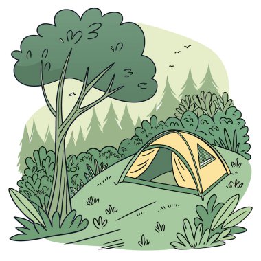 Yeşil ormandaki çim kamp alanında kamp çadırı. Tatil için kamp ya da tatil gezisi. - Evet. Yapay zeka üretildi. Vektör simgesi