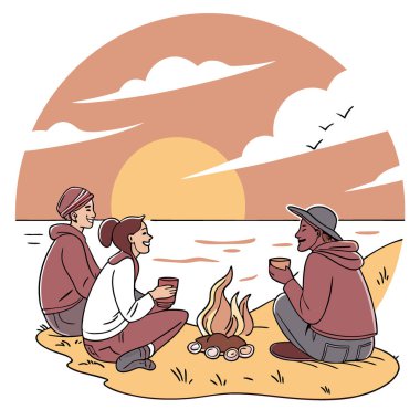 Dostlar gün batımında sıcak bir sahil ateşinde toplanırlar. Yapay zekanın yarattığı ılık esintide hikayeleri ve kahkahaları paylaşmak. Vektör simgesi