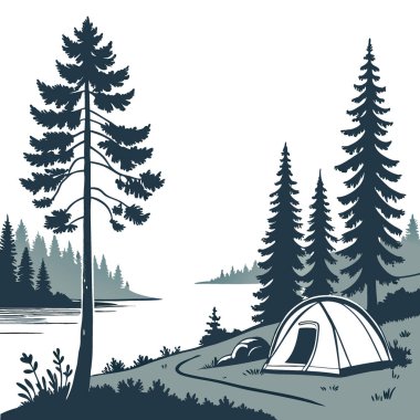 Sabahın erken saatlerinde güneş, yapay zekanın oluşturduğu çam ağaçlarıyla çevrili bir göl kenarı kamp alanı boyunca uzun gölgeler bırakır. Vektör simgesi