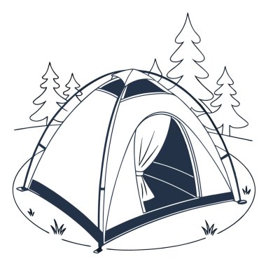 Modern beyaz ve siyah şişirilebilir kamp çadırı açık girişi var. Açık hava maceralarına hazırım. Yapay zeka üretildi. Vektör simgesi