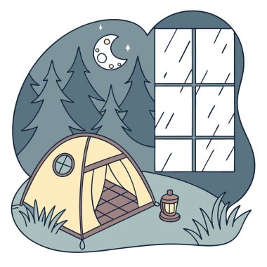 Küçük bir gaz lambası olan rahat bir kamp yatağı. Battaniye. Ve yağmurdan sonra gece ormanına bakan bir pencere. .. yapay zeka üretildi. Vektör simgesi