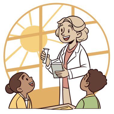 Neşeli bir Kafkas öğretmeni. 50 'li yaşlarında. Gün doğumunda öğrencilerle bilimsel bir deney yapmak yapay zeka gerektirir. Vektör simgesi