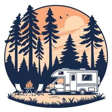 Gün batımında bir karavanın içinde kamp ateşi manzarası. Macera ruhunu somutlaştıran yapay zeka. Vektör simgesi