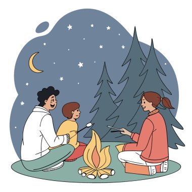 Kamp ateşinin etrafında oturan bir aile. Marşmelov kızartır ve yıldızlı bir gökyüzünün altında hikayeler anlatır. .. yapay zeka üretildi. Vektör simgesi