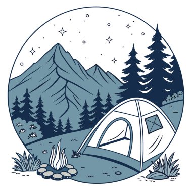 Gökyüzünde takımyıldızları olan güzel bir gecede dağlarda kamp ateşi olan bir çadır. Yapay zeka üretildi. Vektör simgesi