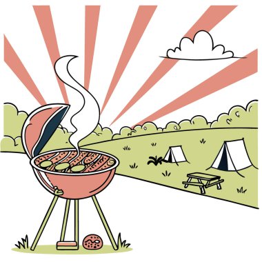 Izgara güneş batımı ateşleme yaz barbekü arka plan bar b q ray hava kamp tatil açık güneş ışığı. Yapay zeka üretildi. Vektör simgesi
