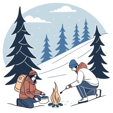 Kış yürüyüşü sırasında turistlerin karlı manzaranın tadını çıkardıkları açık ateş üzerinde ızgara sosisler. Yapay zeka üretildi. Vektör simgesi