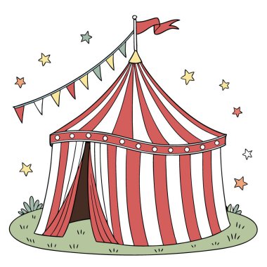 Renkli flamalar ve yanıp sönen ışıklarla çevrili kırmızı ve beyaz çizgili canlı bir sirk çadırı. Yapay zeka üretildi. Vektör simgesi