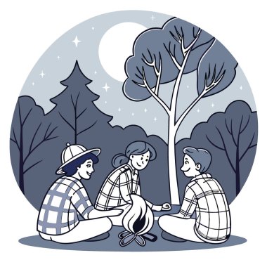 Arkadaşlar şenlik ateşinde ekose gömlek giyiyorlar. Sıradan bir toplantı. Ruhsal. Çok katmanlı. Kamp alanı. Yapay zeka üretildi. Vektör simgesi