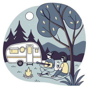Seyahat karavanının yanında sıcak bir akşam. Kamp ateşi ve gitar. Karavanda aile kampı. Doğada dinlenmek. Yapay zeka üretildi. Vektör simgesi