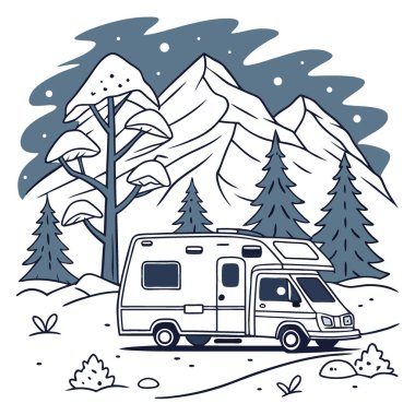 Kış kampı karavanı. Dağlarda bir kamp karavanı. Kar arabasının içinde kamp yapmak yapay zekanın ürettiği bir şeydir. Vektör simgesi