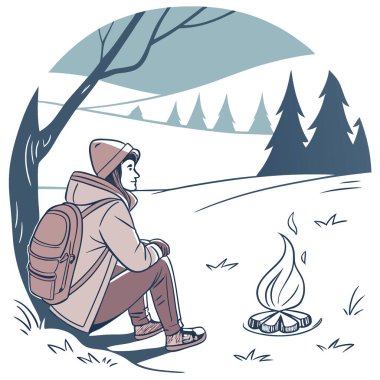 Düşünceli, yalnız bir gezgin kamp ateşinin yanında oturur. Sakin, karlı bir arazide mesafeye bakıyorum. Yapay zeka üretildi. Vektör simgesi
