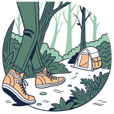 Botların içinde ormanda yürüyen ayaklar. Yürüyüş ve yürüyüş. Kamp yapmak. Turizm. Seyahat. seyahat ve yolculuk. Yapay zeka üretildi. Vektör simgesi