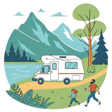 Karavan arabasıyla tatile. Aile gezisi karavanı. Güzel doğa manzaralı bir karavana tatil gezisi. Yapay zeka üretildi. Vektör simgesi