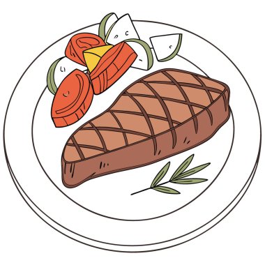 Izgara. Şeffaf arka planda beyaz tabakta kızartılmış sebzeli marine edilmiş biftek. Yapay zeka üretildi. Vektör simgesi