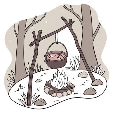 Kamp ateşi ve esrar. Kazanda yakacak odun ve alevlerle pişirilen eski bir kamp ateşi. Açık hava sıcak yemek aşçısı. Yapay zeka üretildi. Vektör simgesi