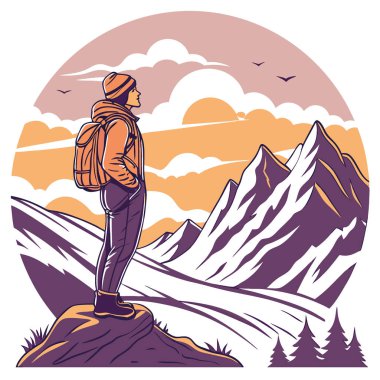 Güneşin doğuşunda bir dağın zirvesinde, karlı dağları ve bulutları gören bir yürüyüşçünün dijital çizimi. Yapay zeka üretildi. Vektör simgesi
