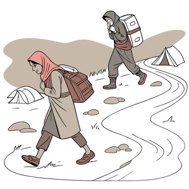 Ortadoğulu Müslümanlar savaştan kaçıyor ve nehirde yürüyüp sınırdaki mülteci kamplarına gidiyorlar. Yapay zeka üretildi. Vektör simgesi