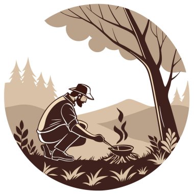 Güneş batarken bir adam kamp ateşinde yemek hazırlıyor. Yapay zekanın oluşturduğu ormandaki kamp alanına sıcak bir ışık saçıyor. Vektör simgesi