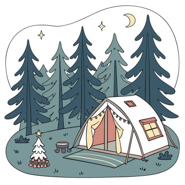 Noel temalı Çevre dostu Kamp Vitesli Şenlik Işıkları ve Dekorasyon Alacakaranlık Ormanında. Yapay zeka üretildi. Vektör simgesi